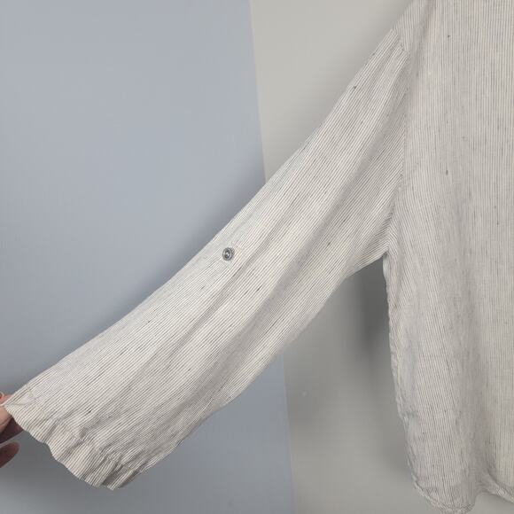 Eileen Fisher M Linen Striped Zip Top Roll Tab Sleeve Blouse - Picture 3 of 11